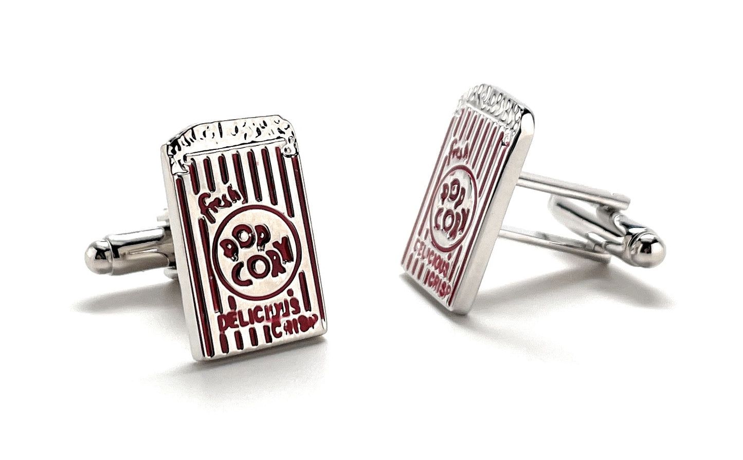 Popcorn Cufflinks Movie Night Fun Silver Red Enamel Cuff Links