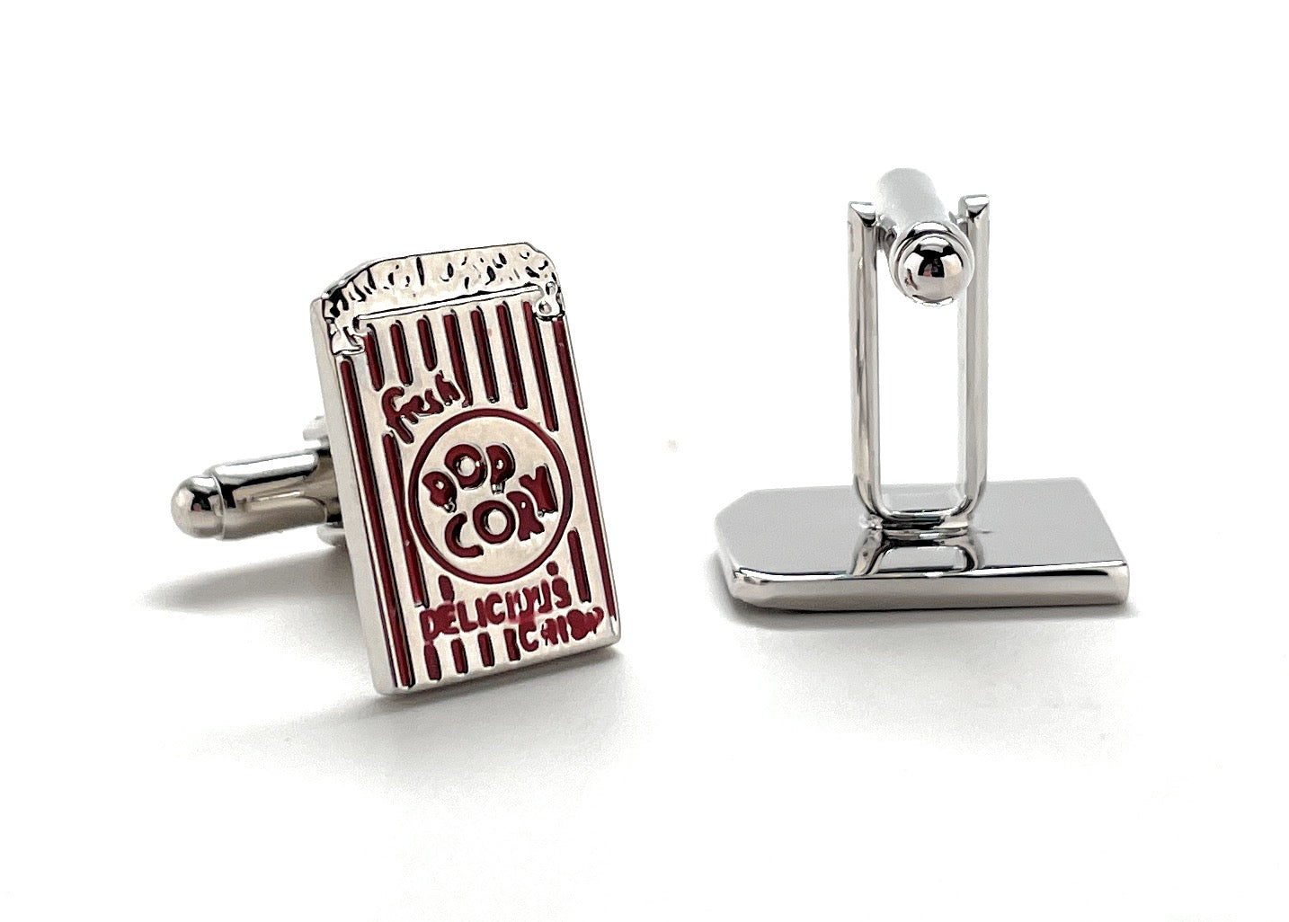Popcorn Cufflinks Movie Night Fun Silver Red Enamel Cuff Links