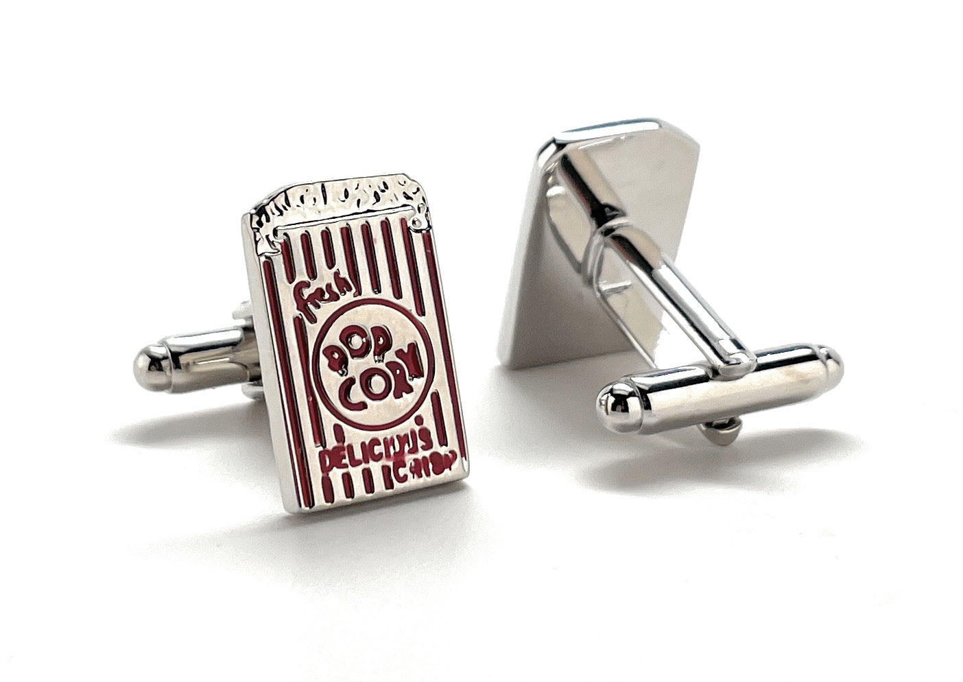 Popcorn Cufflinks Movie Night Fun Silver Red Enamel Cuff Links