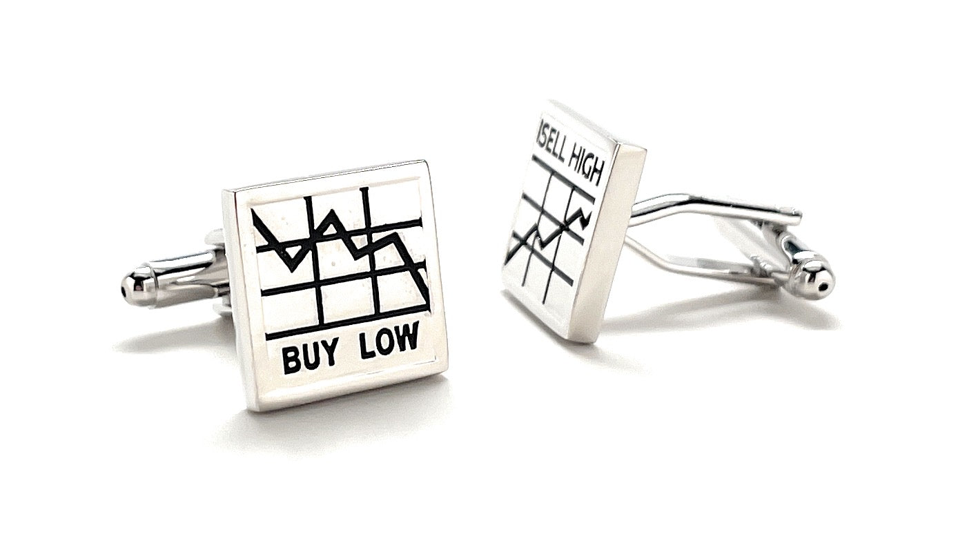 Stock Market Cufflinks Buy Low Sell High Silver and Black Enamel Cuff Links