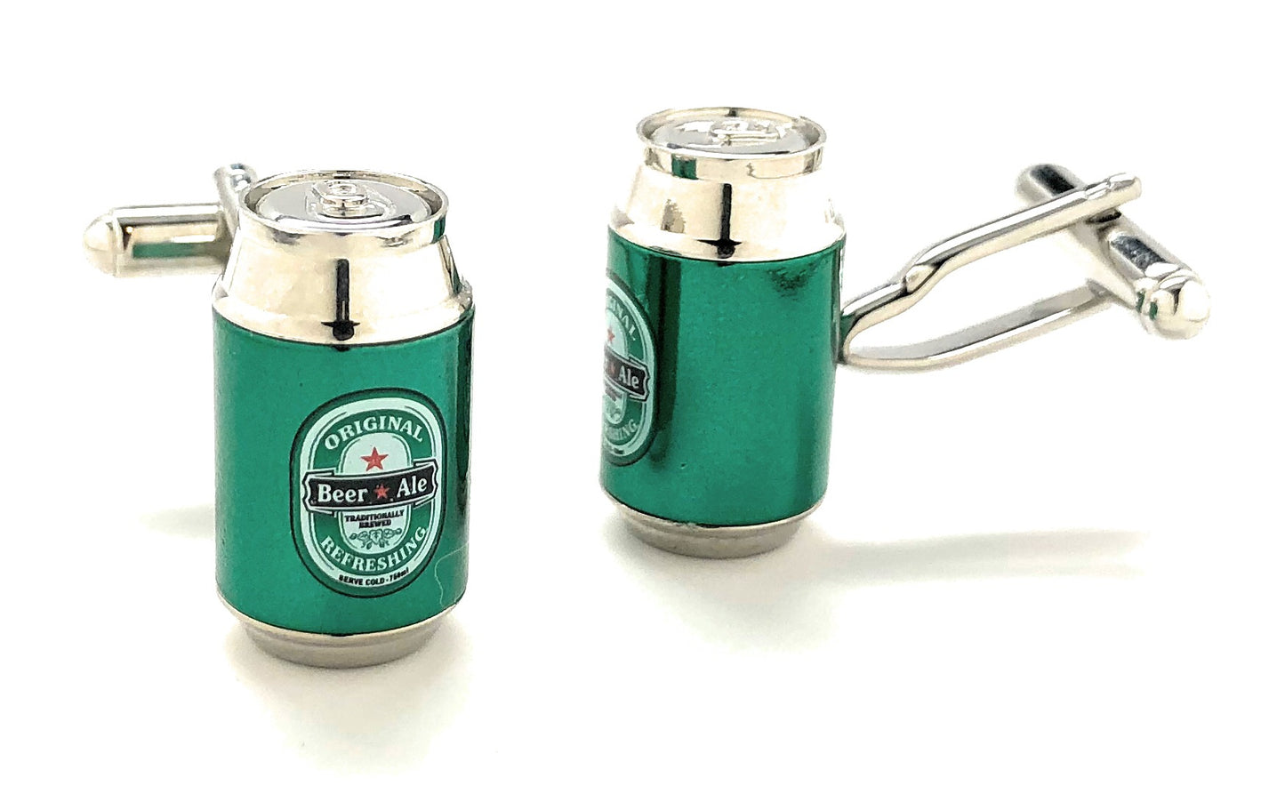 Green beer can-shaped cufflinks with a silver top on a white background