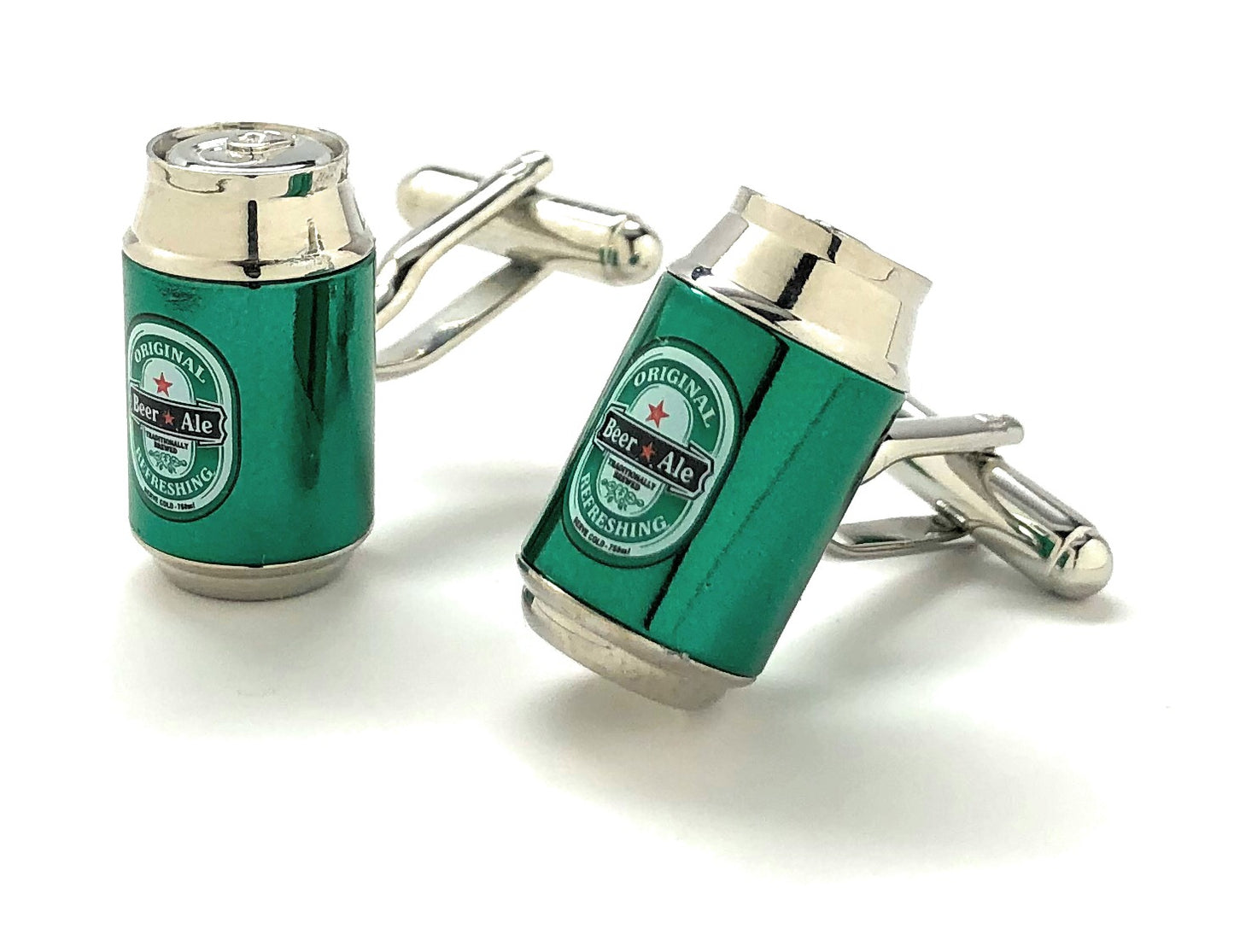 Green beer can-shaped cufflinks with silver accents on a white background