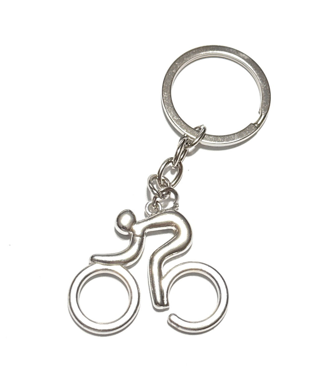 Silver keychain with a cyclist design on a white background