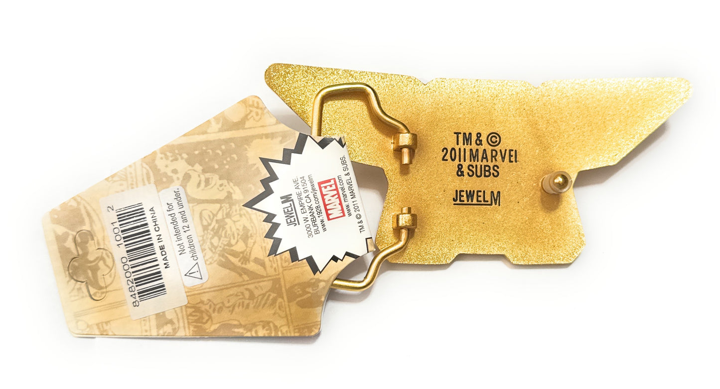 Gold jewelry display stand with Marvel branding on a white background