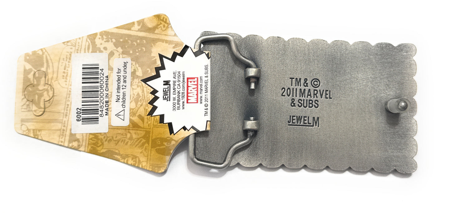 Metal buckle with a yellow label featuring a barcode and text on a white background