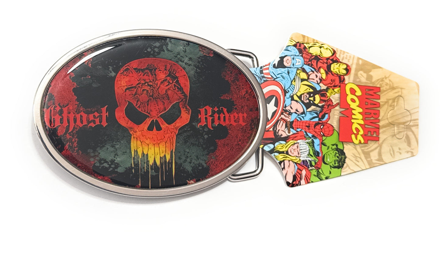 Ghost Rider belt buckle with comic book-themed packaging
