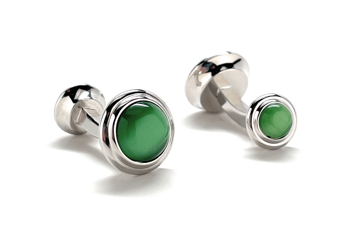 Green Cats Eye Cufflinks Straight Power Post Design Fully Detailed Double Ended Chrysoberyl Cuff Links Groomsmen Cufflinks Wedding Cufflinks