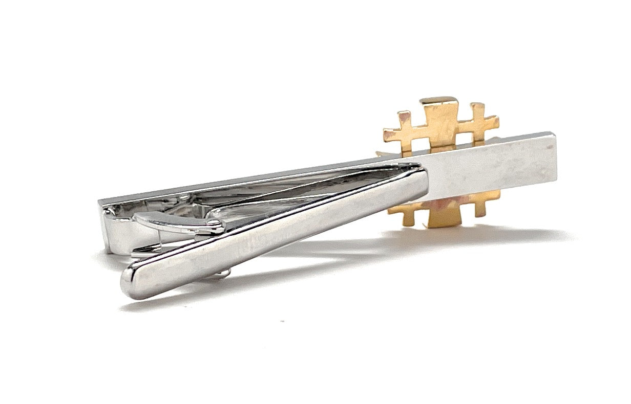 Jerusalem Cross Tie Bar Crusaders Shield Cut Out Design Silver and Gold Tone 3D Five-Fold Cross Tie Bar