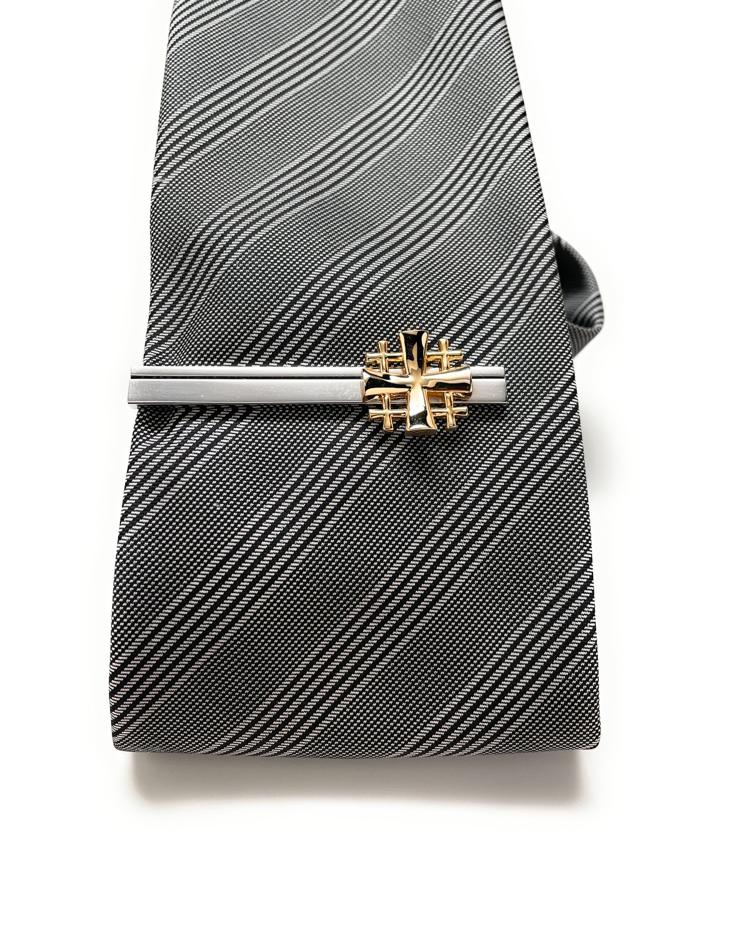 Jerusalem Cross Tie Bar Crusaders Shield Cut Out Design Silver and Gold Tone 3D Five-Fold Cross Tie Bar