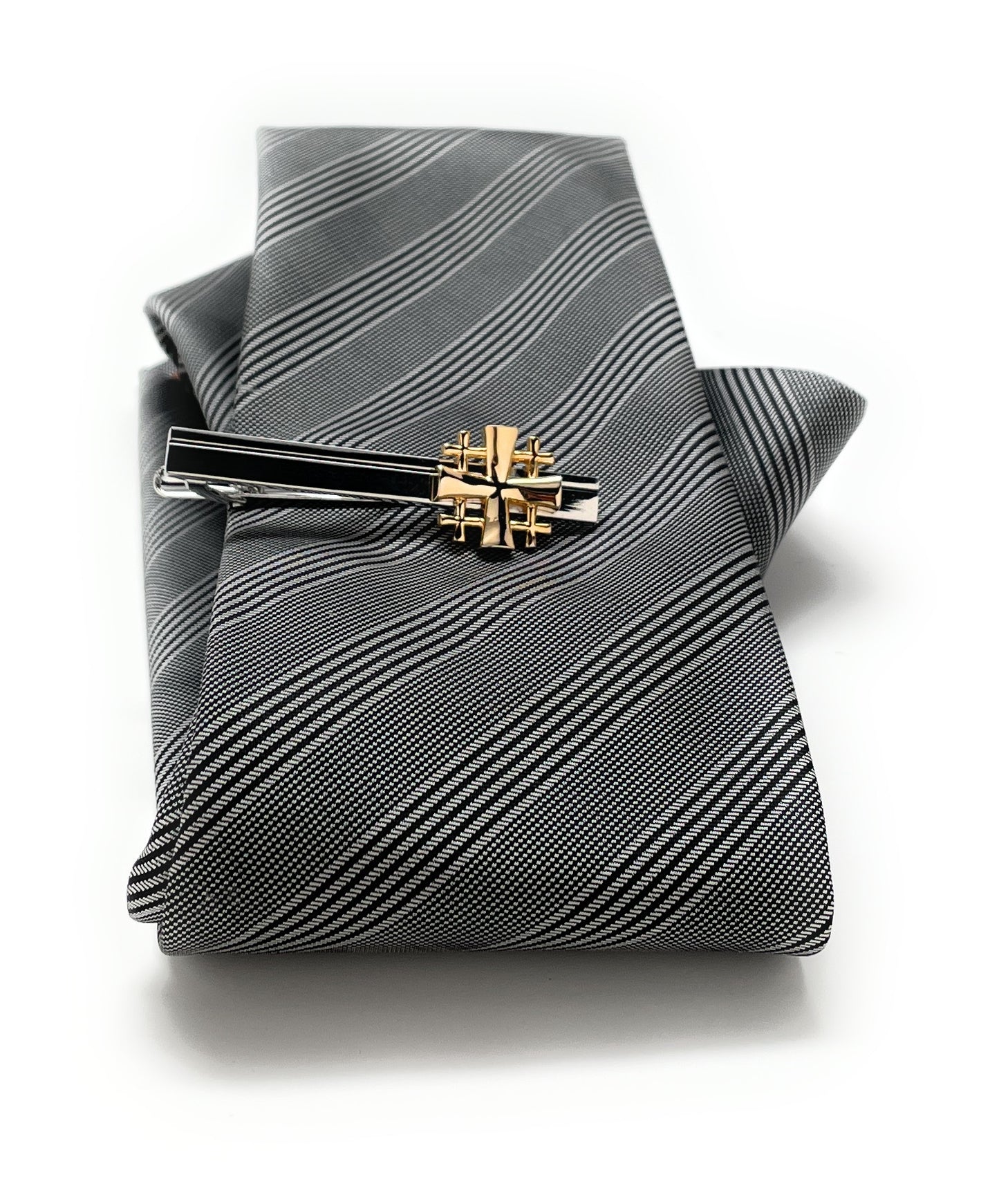 Jerusalem Cross Tie Bar Crusaders Shield Cut Out Design Silver and Gold Tone 3D Five-Fold Cross Tie Bar