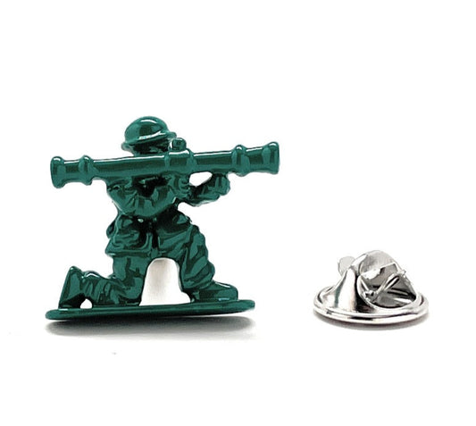 Metallic green soldier figurine with a weapon on a white background