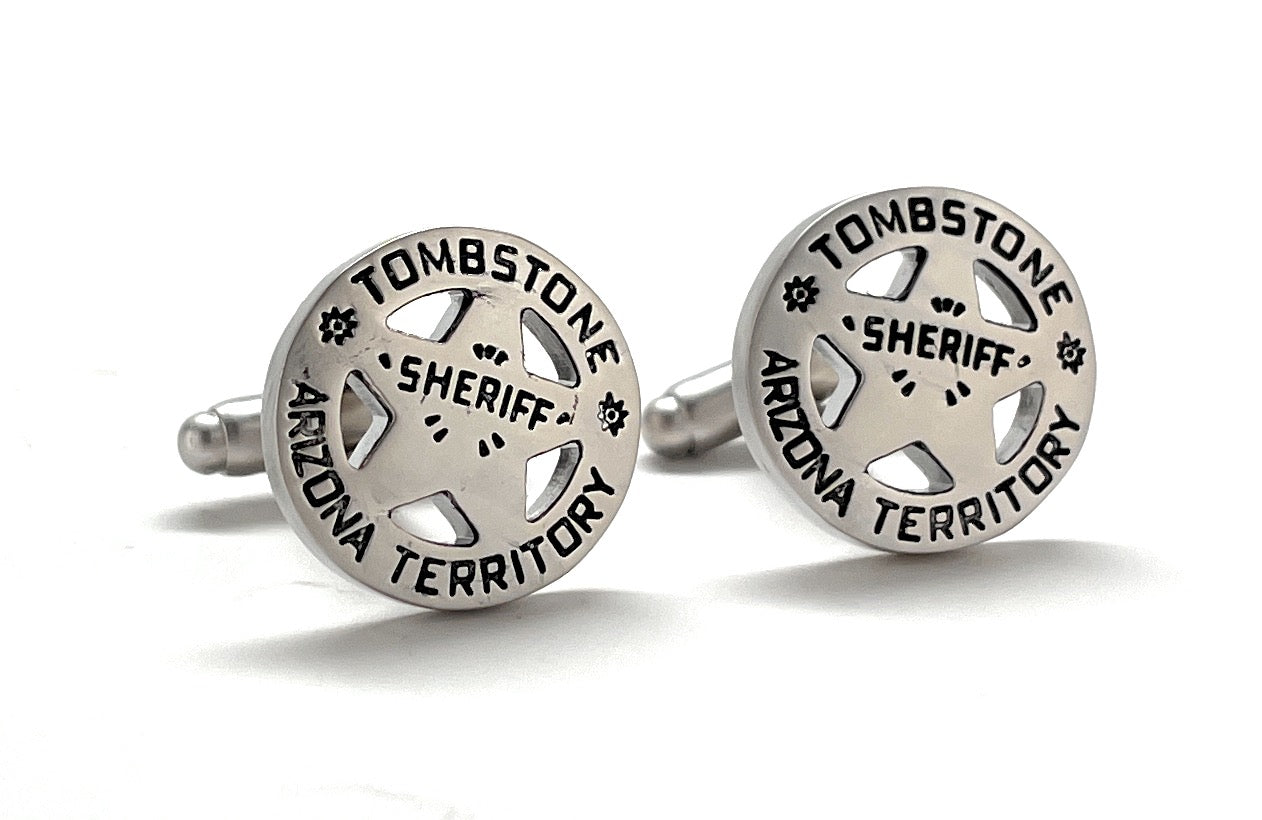 Tombstone Cufflinks Law Enforcement Badge Silver Black Enamel Old Wild West Arizona Cuff Links Detective Old West Sheriff Badge Police