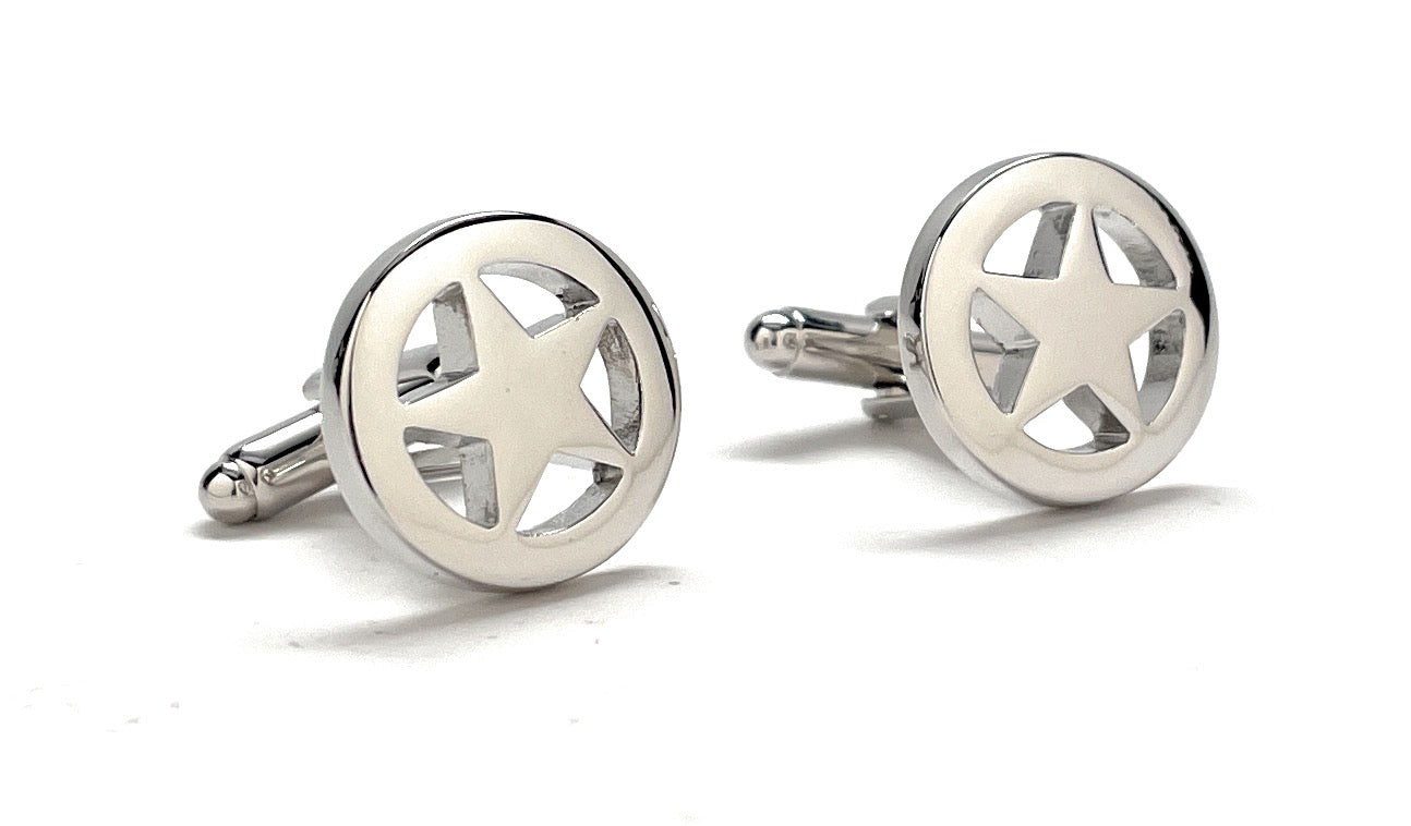 Silver star-shaped cufflinks on a white background
