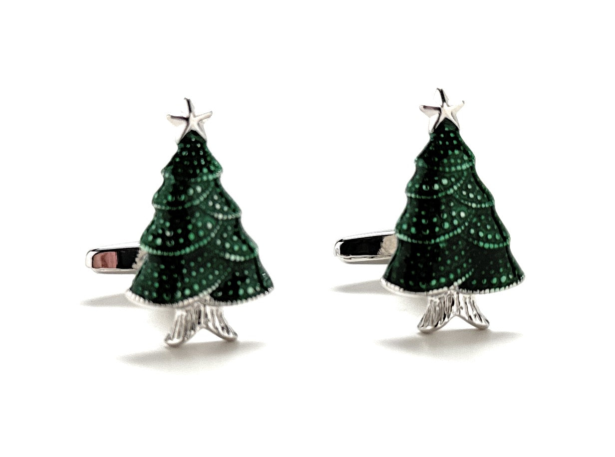 Green Christmas tree-shaped cufflinks on a white background