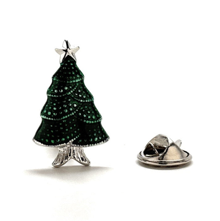 Christmas tree-shaped lapel pin on a white background