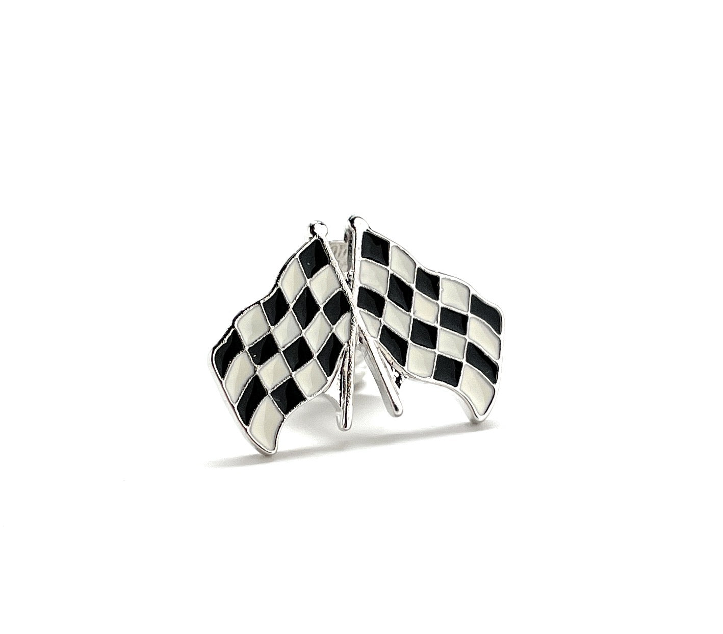Two crossed checkered flags on a white background