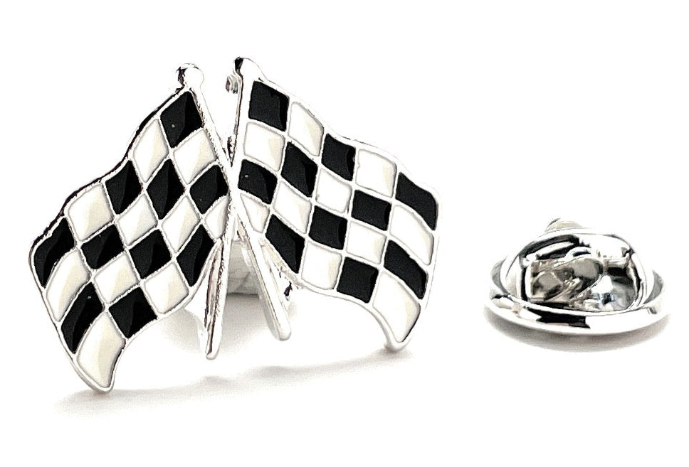 Checkered flag lapel pin on a white background
