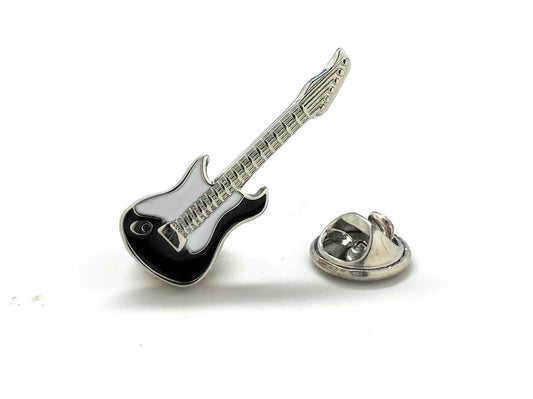 Rock and Roll Guitar Pin Black White Silver Trim Enamel Pin