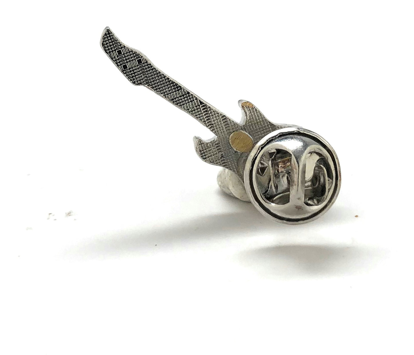 Rock and Roll Guitar Pin Black White Silver Trim Enamel Pin