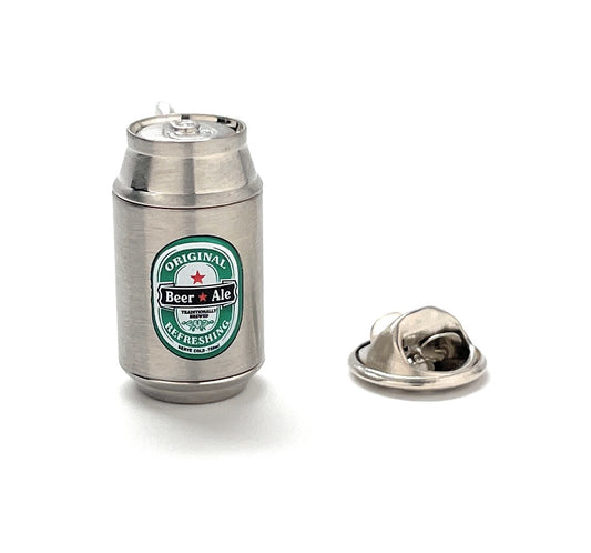 A silver-colored Heineken beer can lapel pin with green enamel detailing, featuring the Heineken logo, accompanied by a rhodium-plated silver butterfly back.