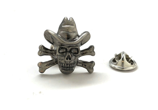 Bone Bandit Lapel Pin Cowboy Skull and Bones Enamel Pin Pewter Finish