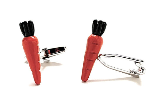 Pair of orange enamel carrot cufflinks with silver backing – fun and quirky men’s accessories from JayPins