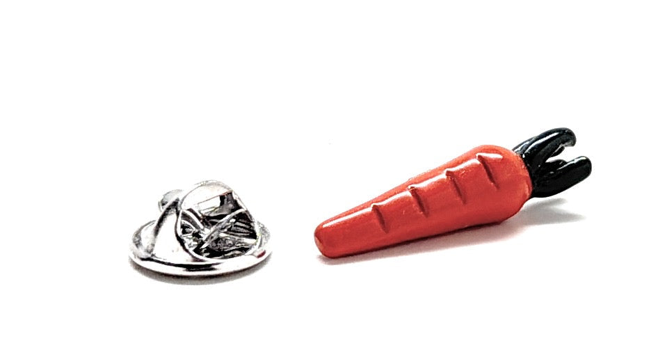 Orange enamel carrot lapel pin with black top and silver backing on white background – fun motivational “Add Some Crunch to Your Style” accessory by JayPins