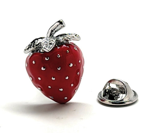 Red strawberry-shaped pin with silver accents on a white background