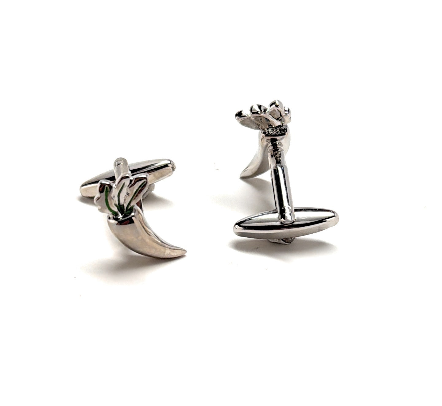 Silver cufflinks with a unique design on a white background