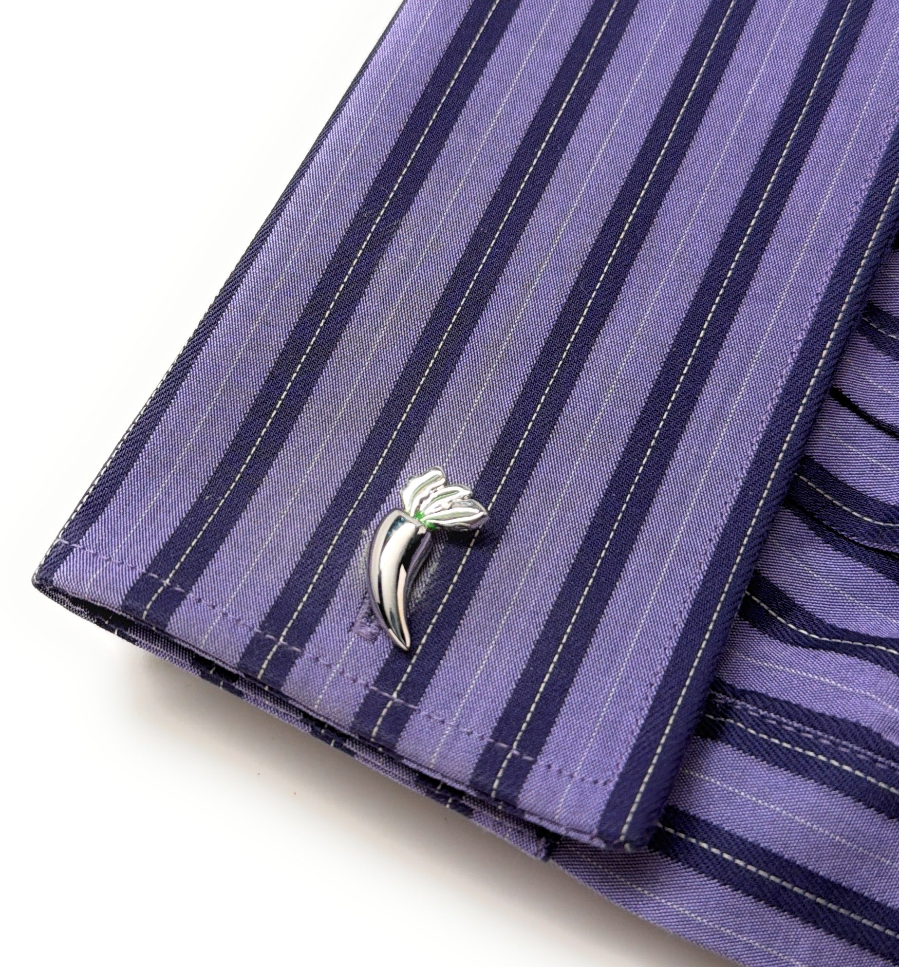 Cufflink on a purple striped shirt Silver carrot