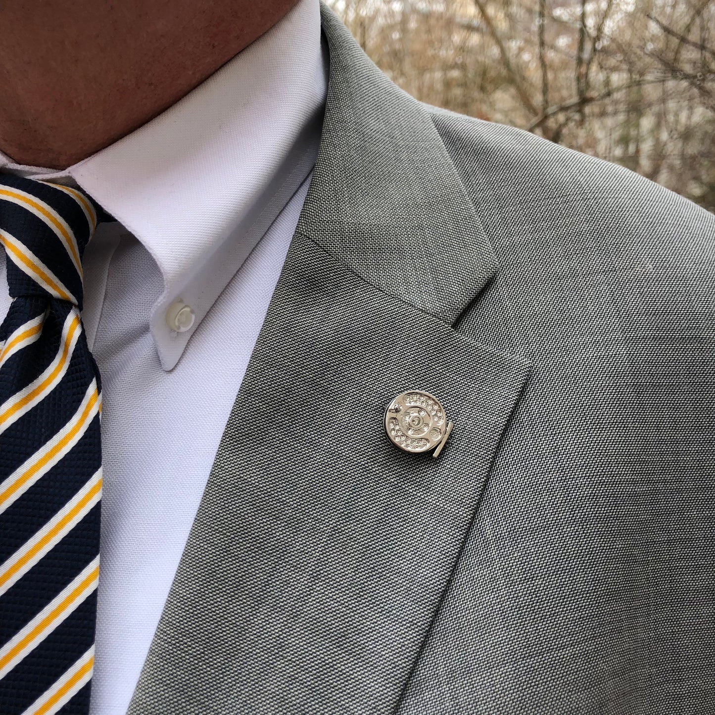 Fly Fishing Reel Lapel Pin - Trout River Fishing Enamel Pin | Perfect Gift for Dad
