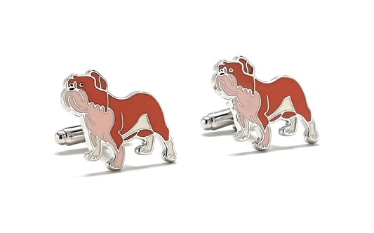 Bulldog-shaped cufflinks on a white background