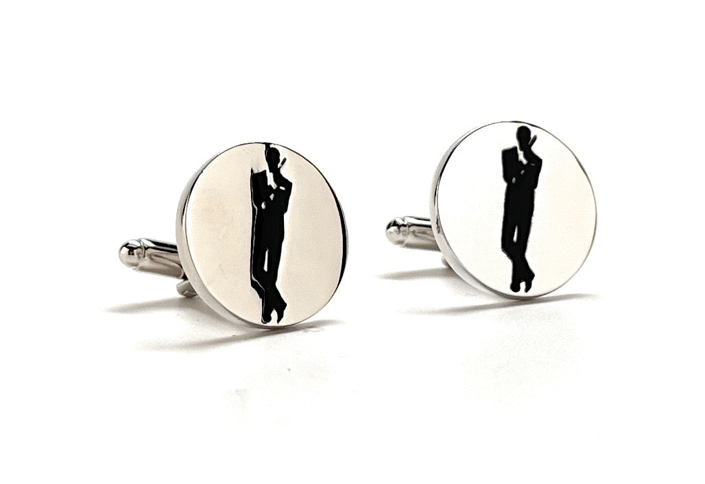 James Bond Cufflinks Famous Movie Poster Pose Cuff Links Super Spy Collection Royal Silver Platted Black Enamel Emboss Design with Gift Box