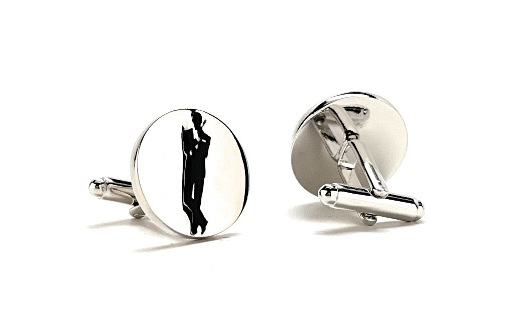 James Bond Cufflinks Famous Movie Poster Pose Cuff Links Super Spy Collection Royal Silver Platted Black Enamel Emboss Design with Gift Box