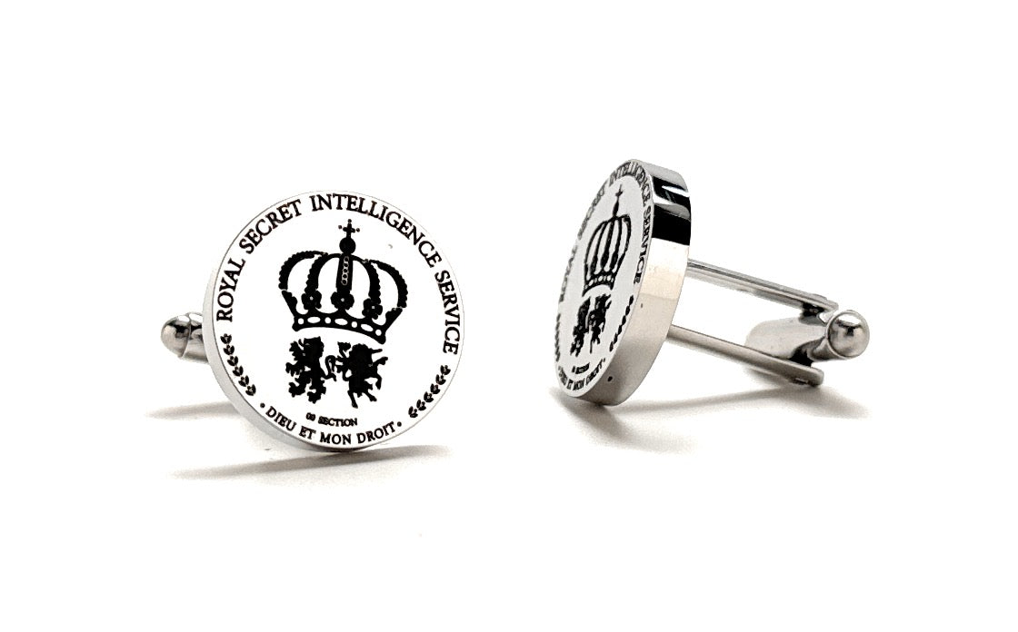 James Bond MI6 Cufflinks Mens Cuff Link Secret Intelligence Service Super Spy Collection Royal Silver Toned Crest Comes with Gift Box