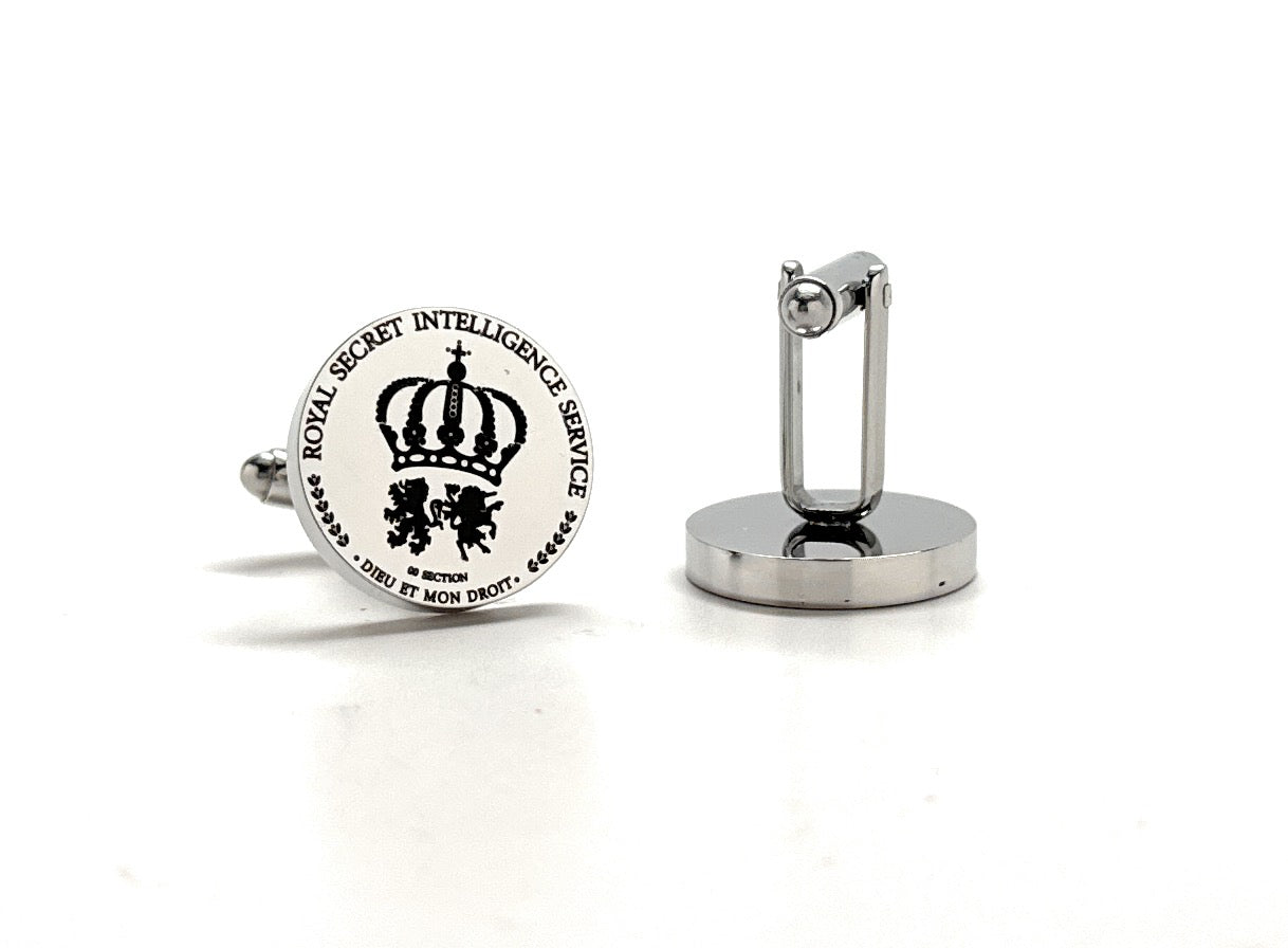 James Bond MI6 Cufflinks Mens Cuff Link Secret Intelligence Service Super Spy Collection Royal Silver Toned Crest Comes with Gift Box