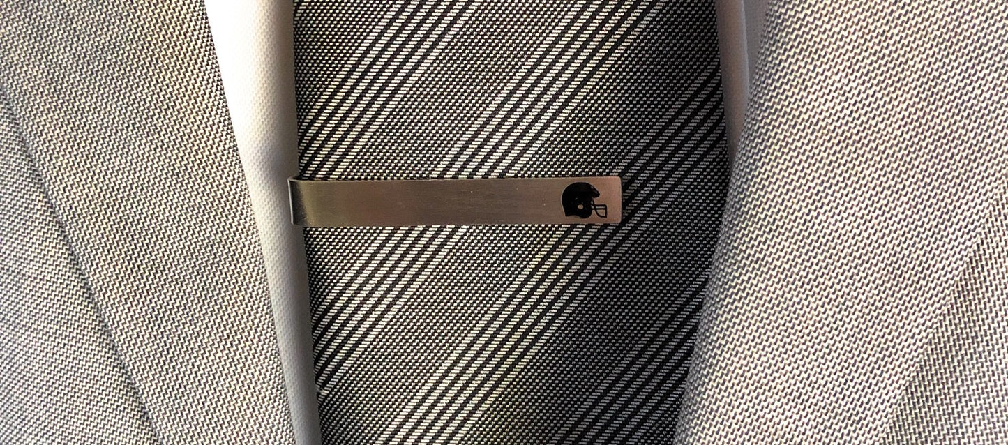 Football Tie Bar Gift for Men Silver Tie Clip Black Embossed Football Helmet The Grid Iron Football gift Football Player Gift Football Dad