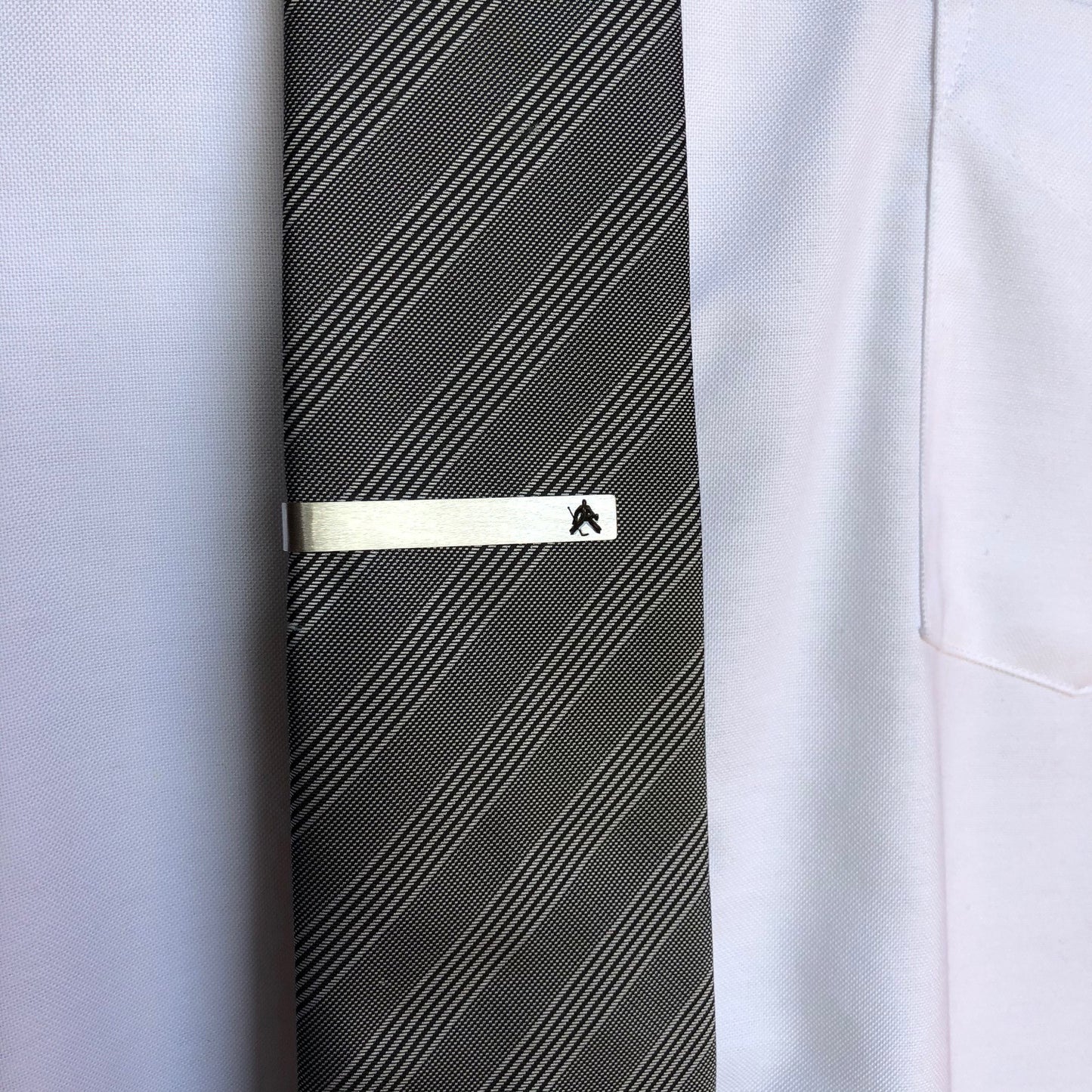 Ice Hockey Goalie Tie Bar Personalized Tie Clip Silver Brush Tone Tie Bar Gift for The Hockey Fan