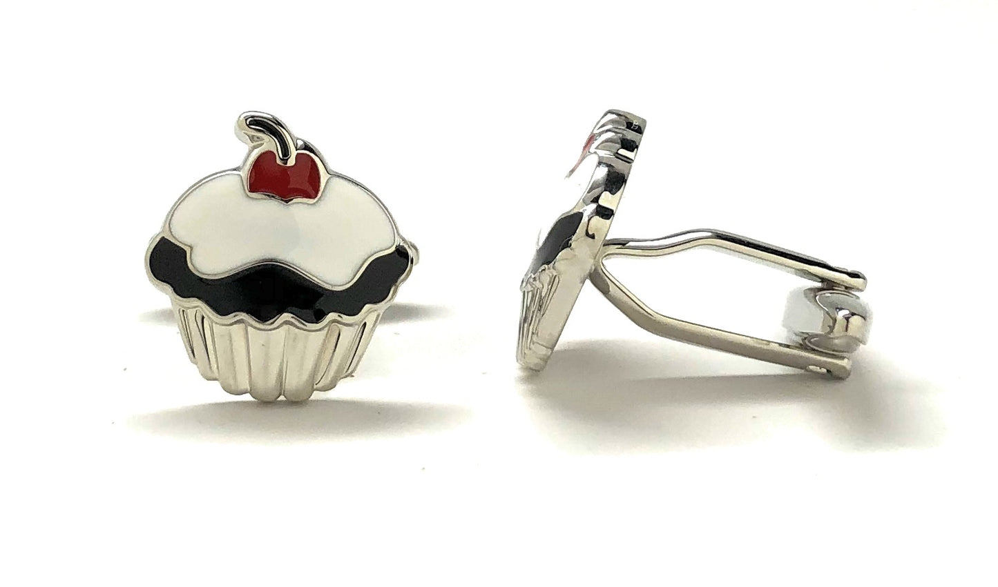 Cupcake-shaped earrings with a cherry on top on a white background