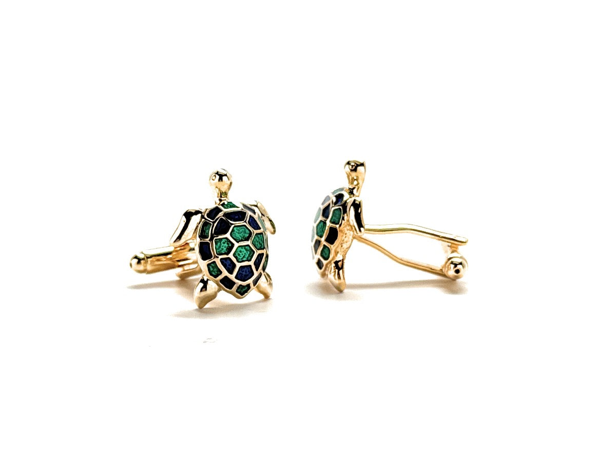 Sea Turtle Cufflinks Tropical Turtle 3D Ocean Gold Tone with Shades of Blue and Green Enamel Unique Cool Beach Sea Turtle Gift Vacation