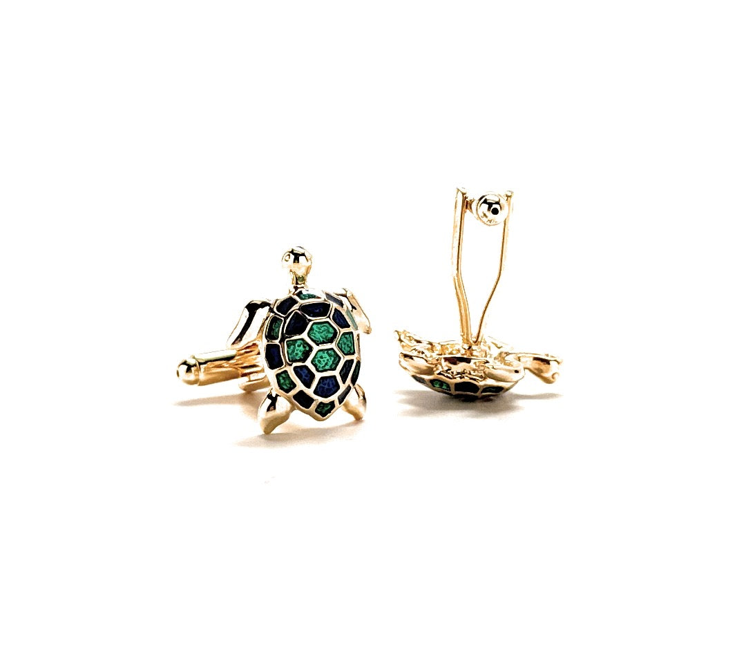 Sea Turtle Cufflinks Tropical Turtle 3D Ocean Gold Tone with Shades of Blue and Green Enamel Unique Cool Beach Sea Turtle Gift Vacation