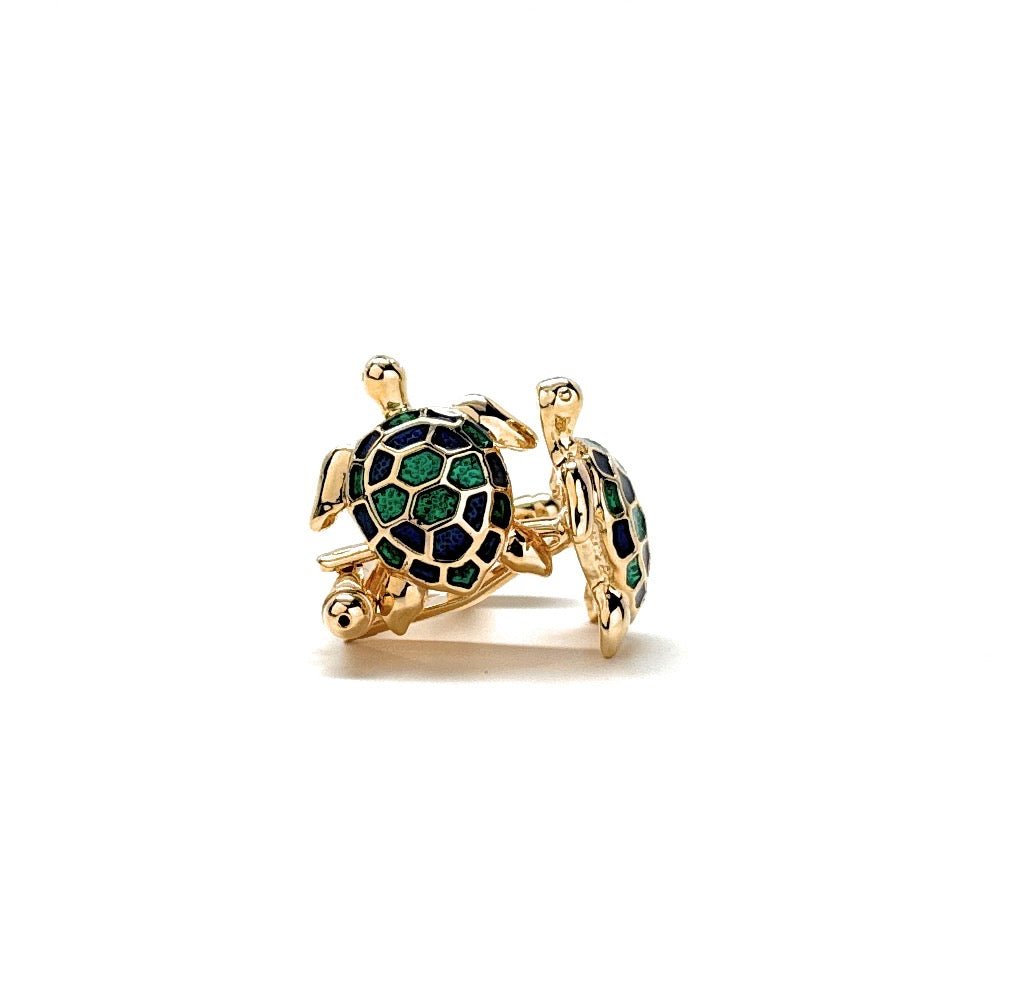 Sea Turtle Cufflinks Tropical Turtle 3D Ocean Gold Tone with Shades of Blue and Green Enamel Unique Cool Beach Sea Turtle Gift Vacation