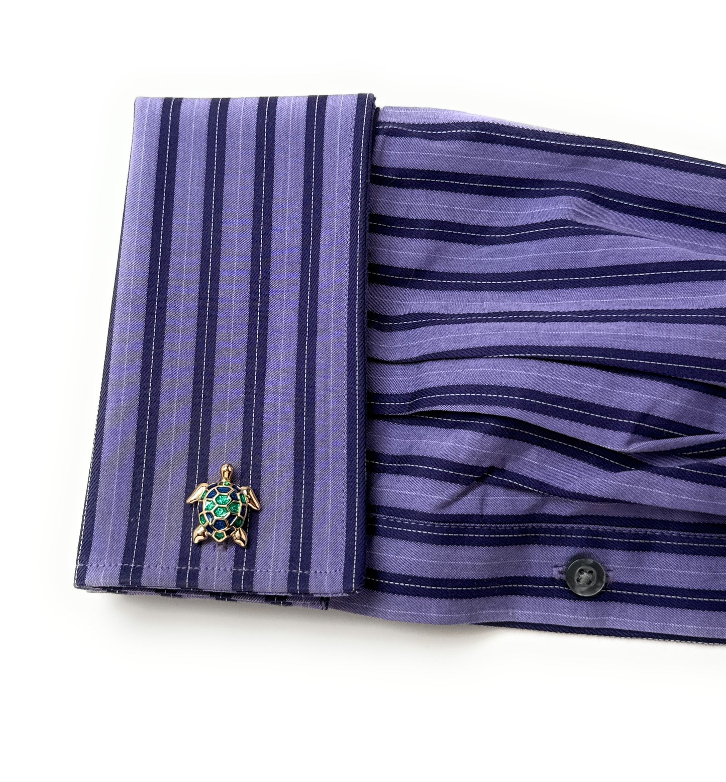Gold Sea Turtle cufflinks on purple shirt