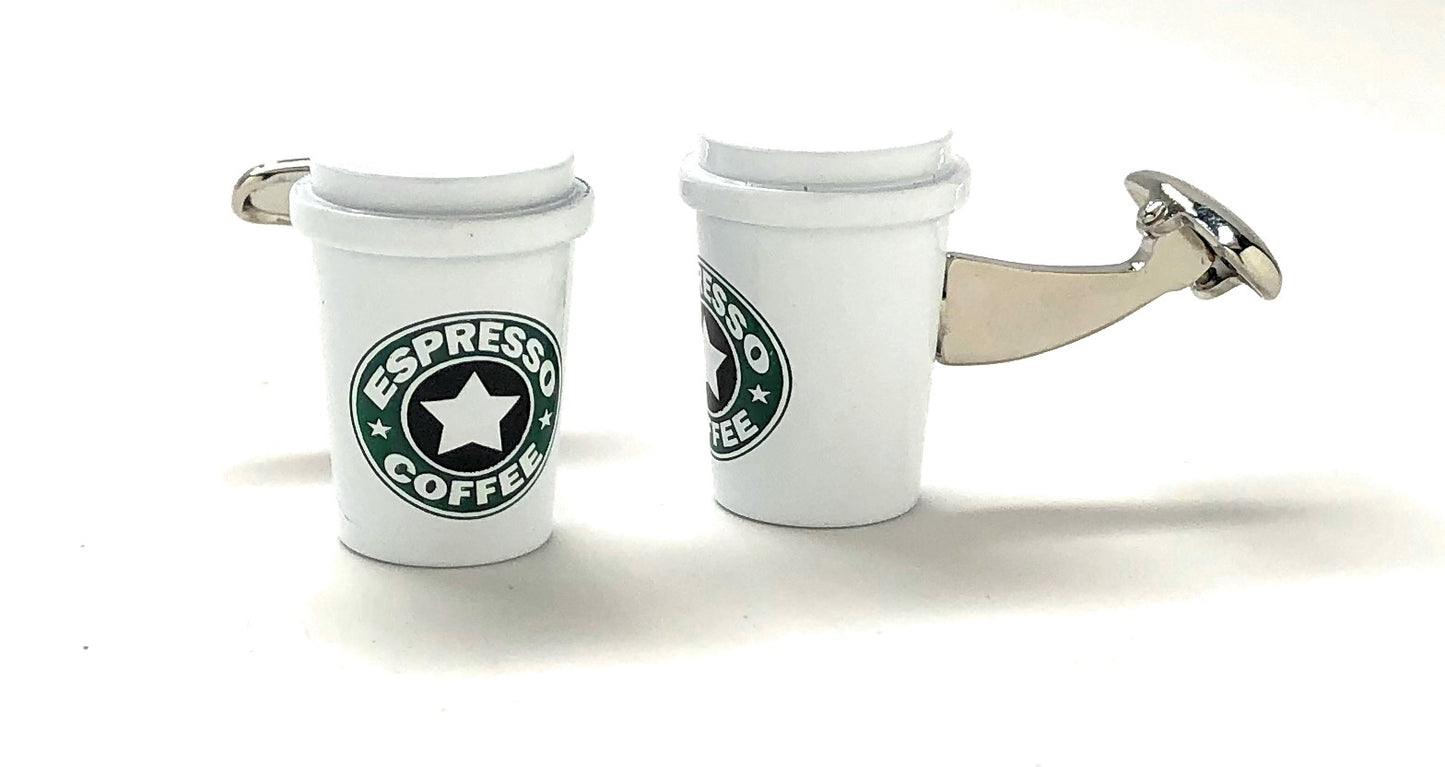 Two white coffee cup-shaped keychains with Starbucks logo on a white background