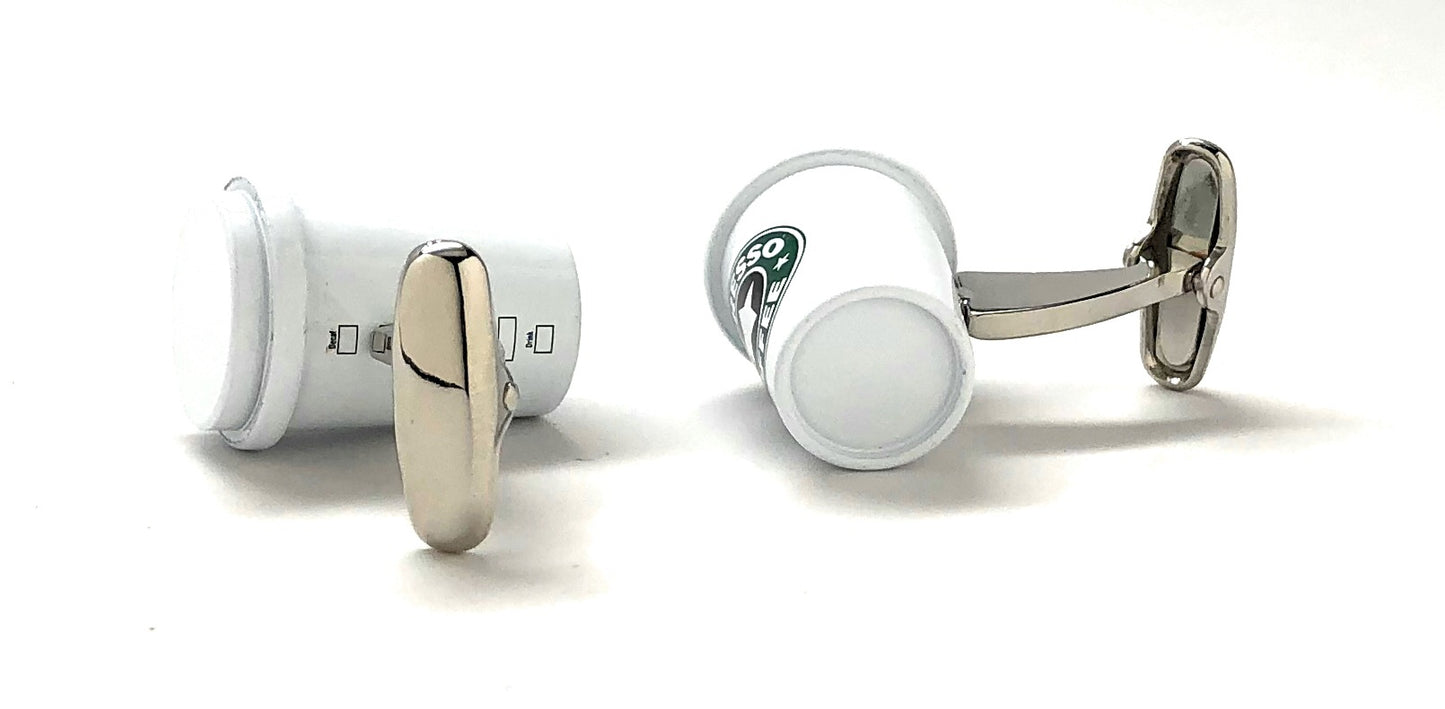 Cufflinks with white and silver design on a white background