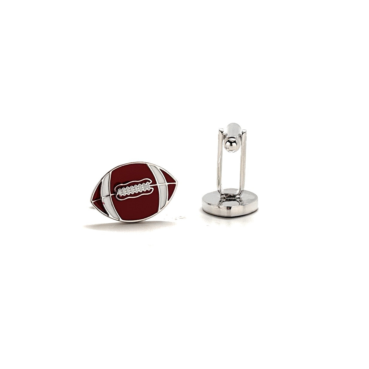 Football-shaped cufflinks on a white background