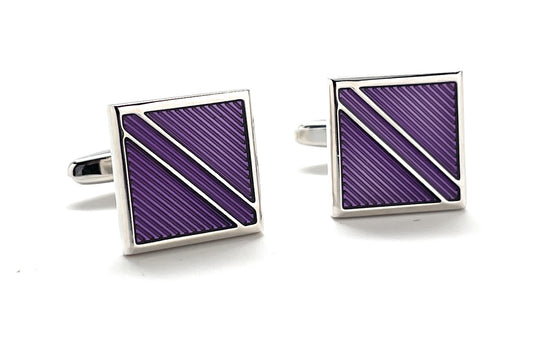 Purple striped cufflinks on a white background