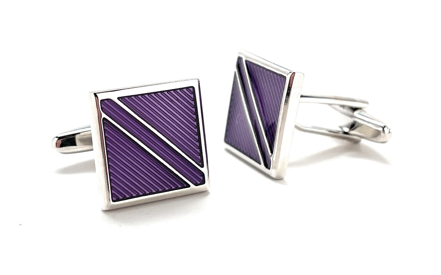 A pair of silver cufflinks with bold diagonal purple stripe patterns, designed by JayPins for a modern, powerful, and sophisticated look — perfect for weddings, business, or fashion-forward outfits.