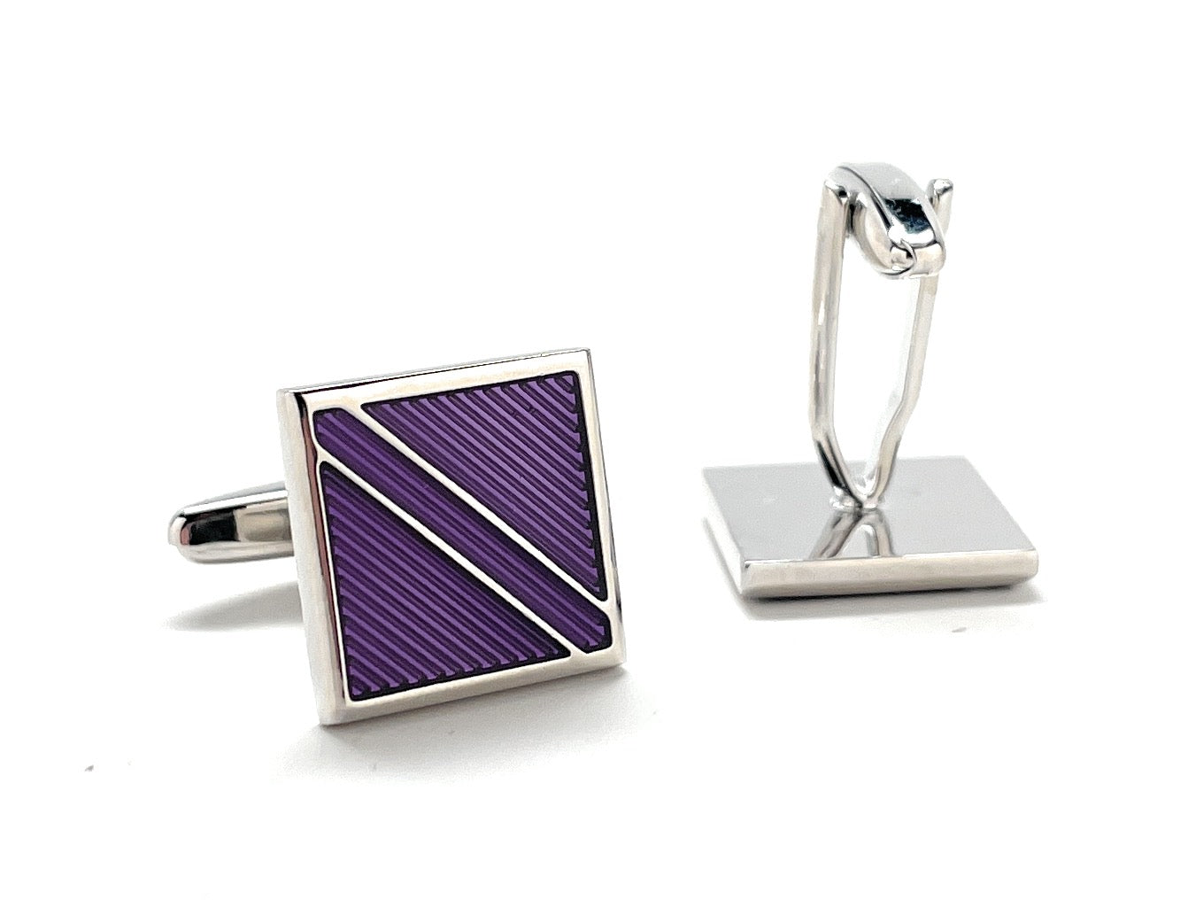 A pair of silver cufflinks with bold diagonal purple stripe patterns, designed by JayPins for a modern, powerful, and sophisticated look — perfect for weddings, business, or fashion-forward outfits.