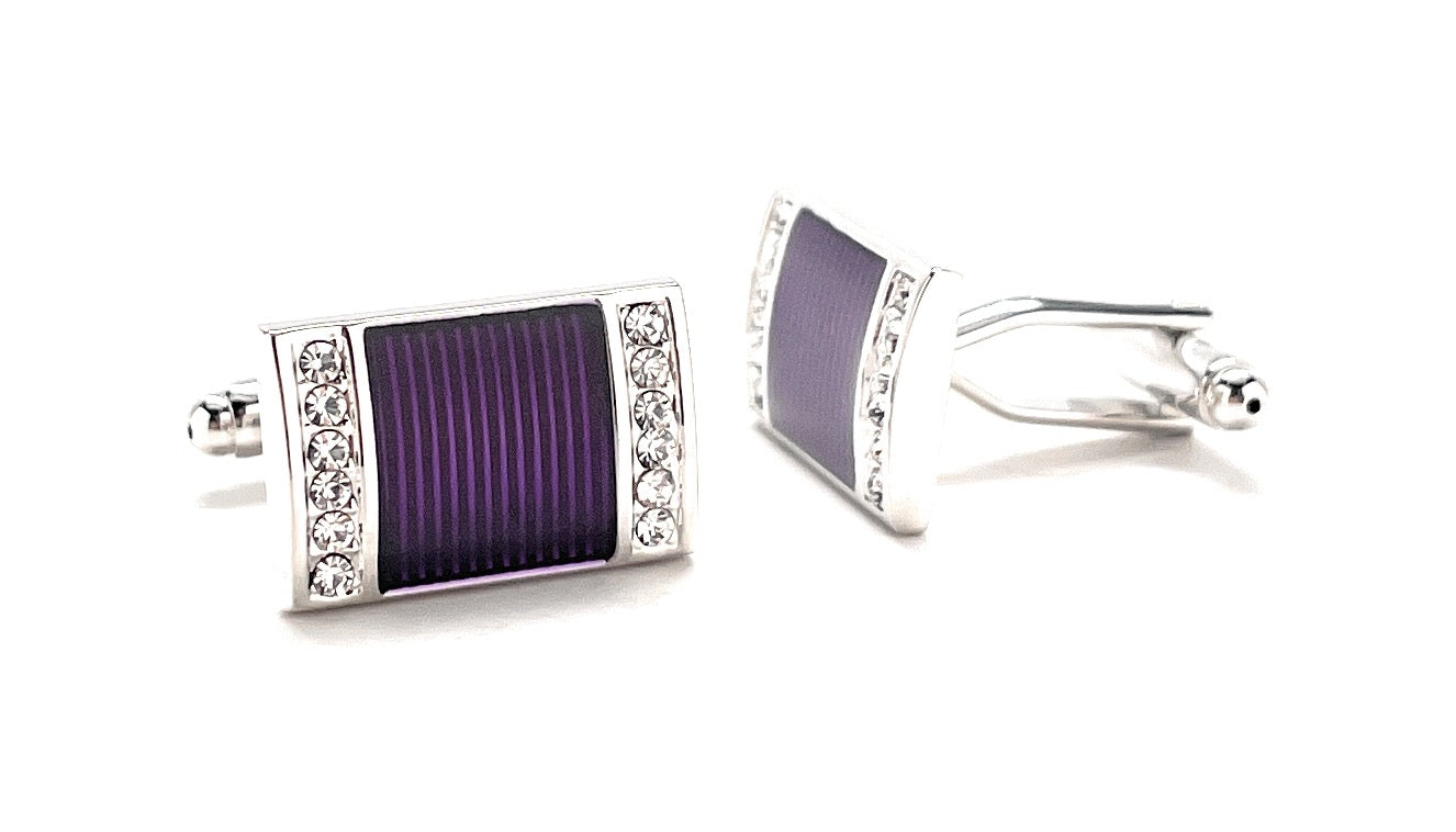 A pair of rectangular silver cufflinks with deep purple striped enamel centers and sparkling crystal borders, designed by JayPins for a bold and luxurious men’s fashion look.